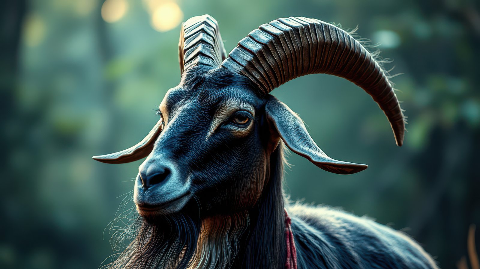 Majestic ram with twisted horns standing proudly in a forest setting during the golden hour of late afternoon